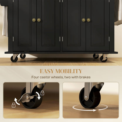 Rolling Kitchen Island with Rubber Wood Top and Storage, Spice Rack, Towel Rack, Black