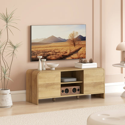 TV Stand for up to 55 Inch TV, Nordic Entertainment Center with 2 Cabinets and 2 Open Shelves for Living Room, Natural W