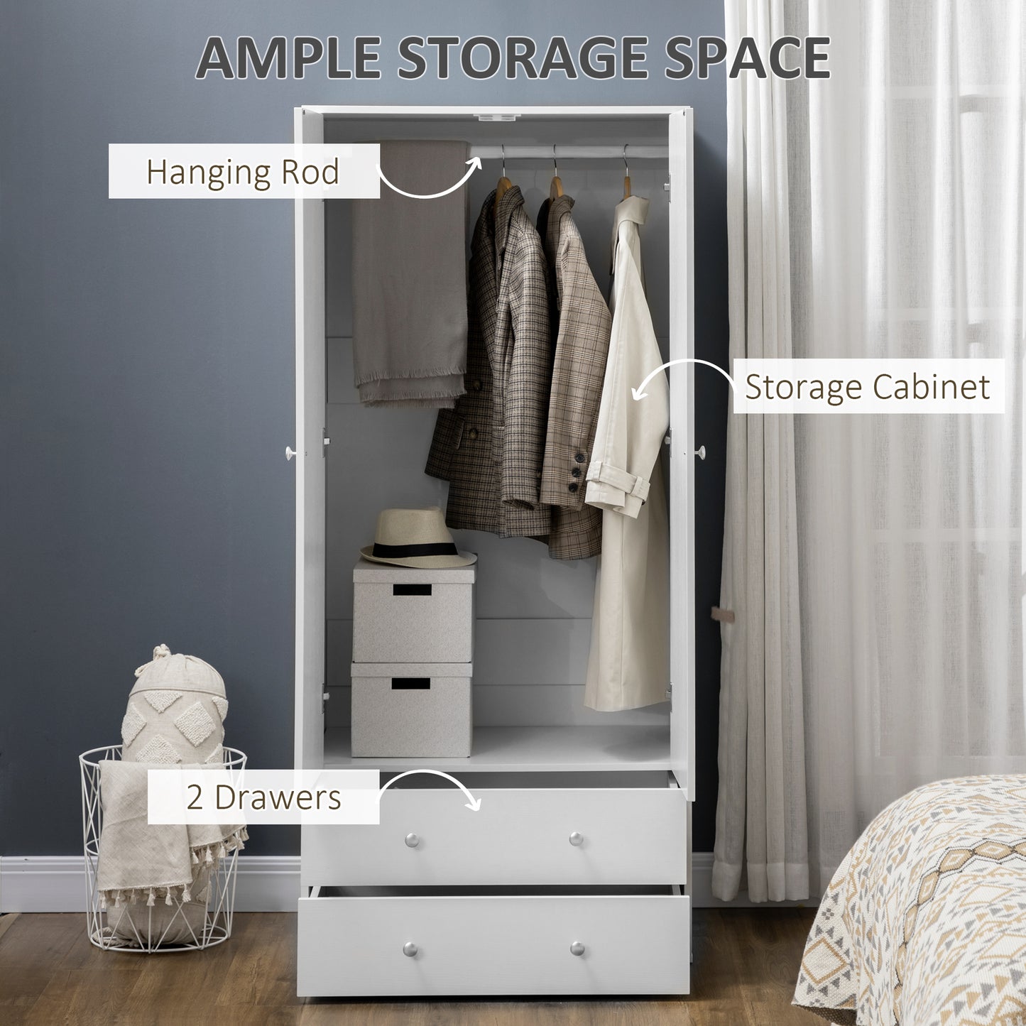Armoire Wardrobe Closet with 2 Drawers, 71" Tall Wardrobe Cabinet with Hanging Rod, 2 Door Bedroom Armoires, Modern Clot