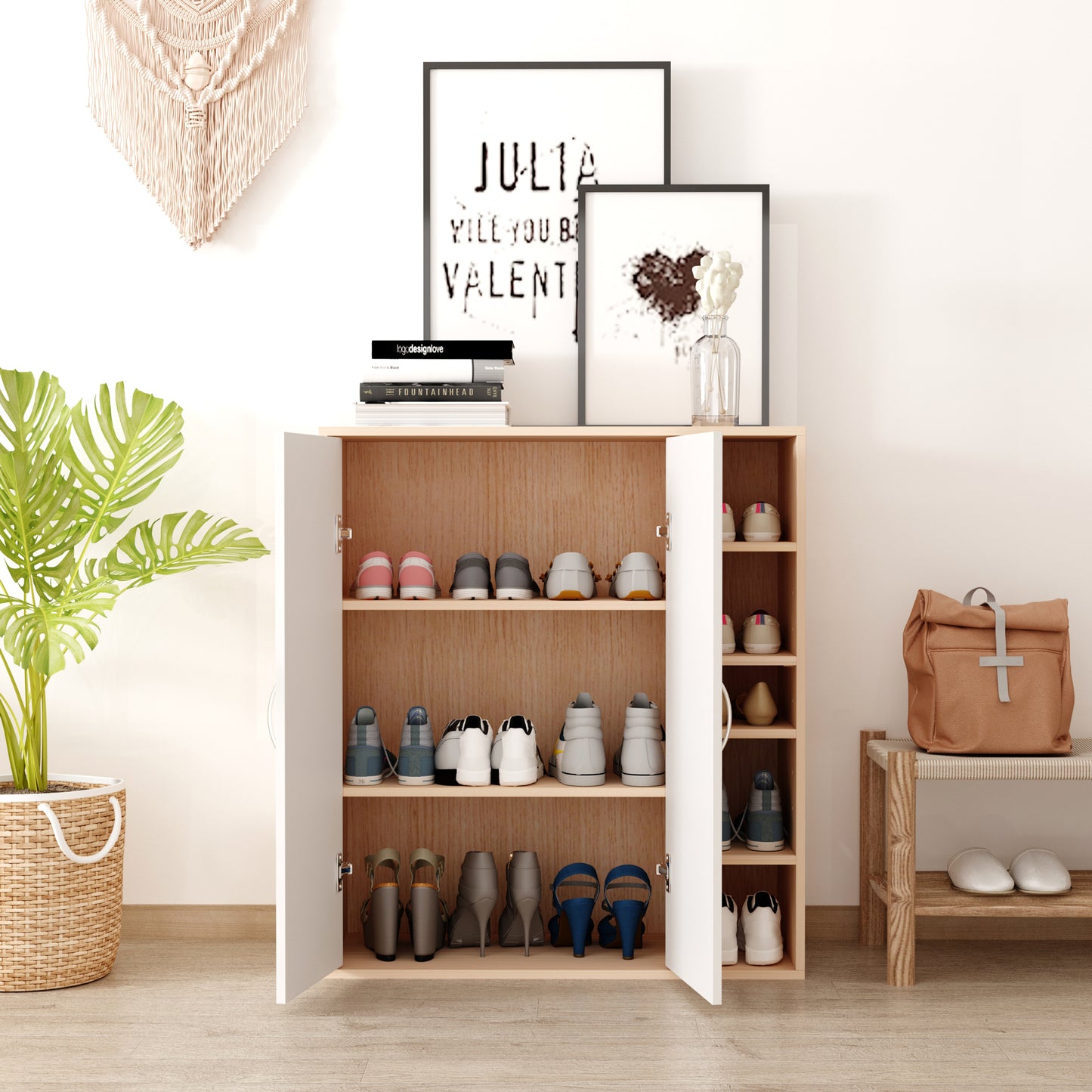 35.5" Shoe Cabinet, 3-Tier Free Standing Shoe Storage Cabinet with Adjustable Shelves and 5 Open Cubes for Entryway, Hal