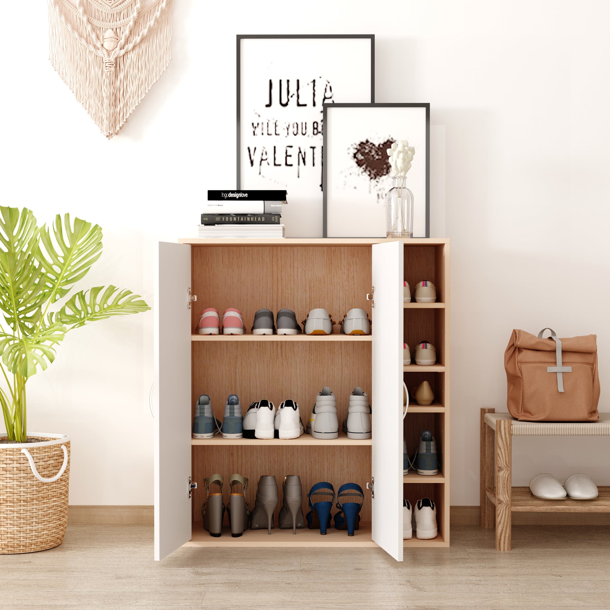 35.5" Shoe Cabinet, 3-Tier Free Standing Shoe Storage Cabinet with Adjustable Shelves and 5 Open Cubes for Entryway, Hal