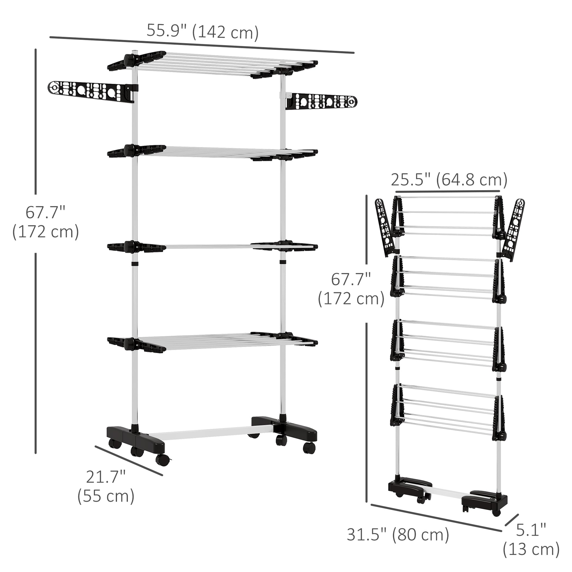 Garment Drying Rack Stainless Steel Folding Clothes Hanging Rack with Side Wings Castors for Indoor Outdoor Black