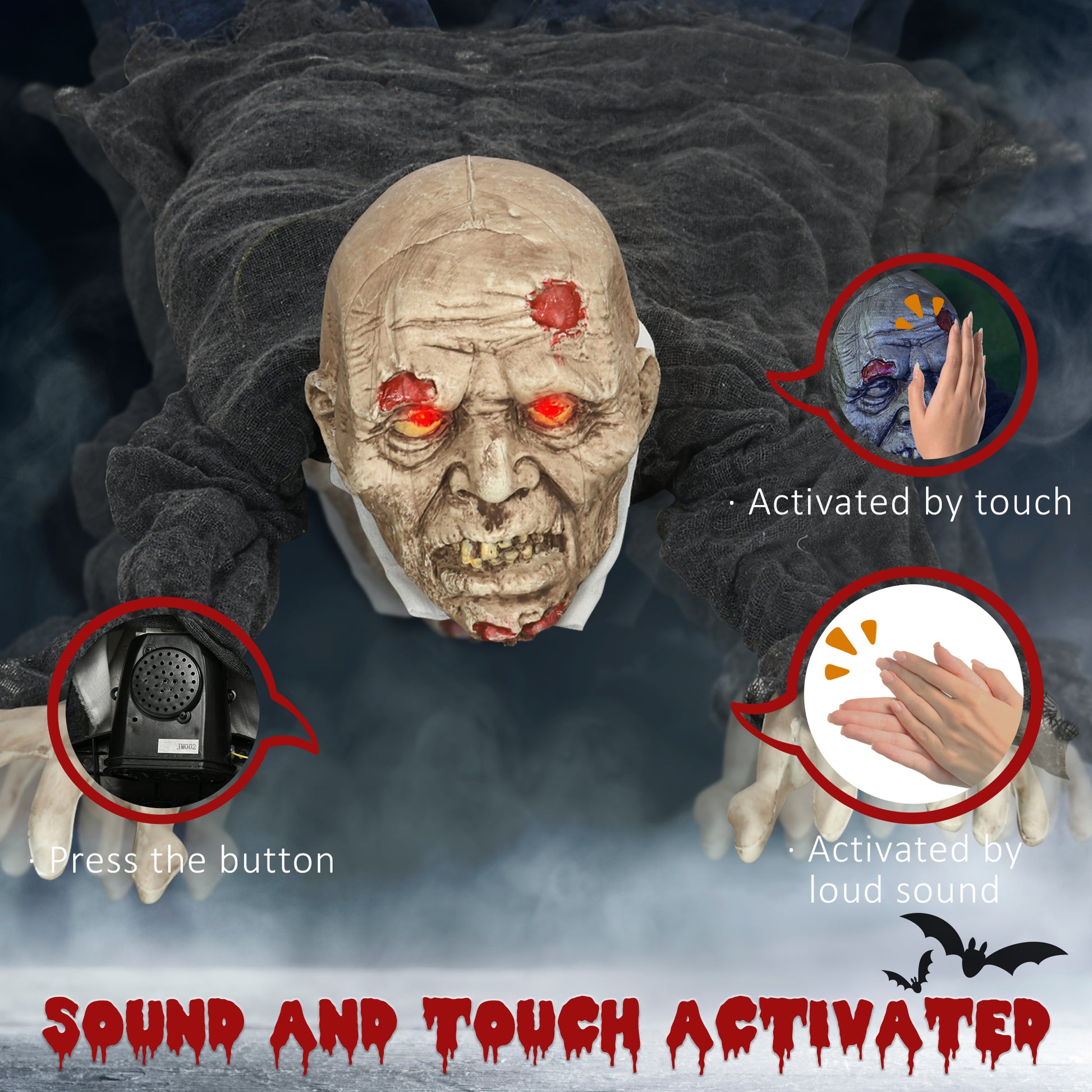 62 Inch/5.2ft Life Size Outdoor Halloween Decoration Crawling Zombie, Animated Prop Decor with Sound and Motion Activate