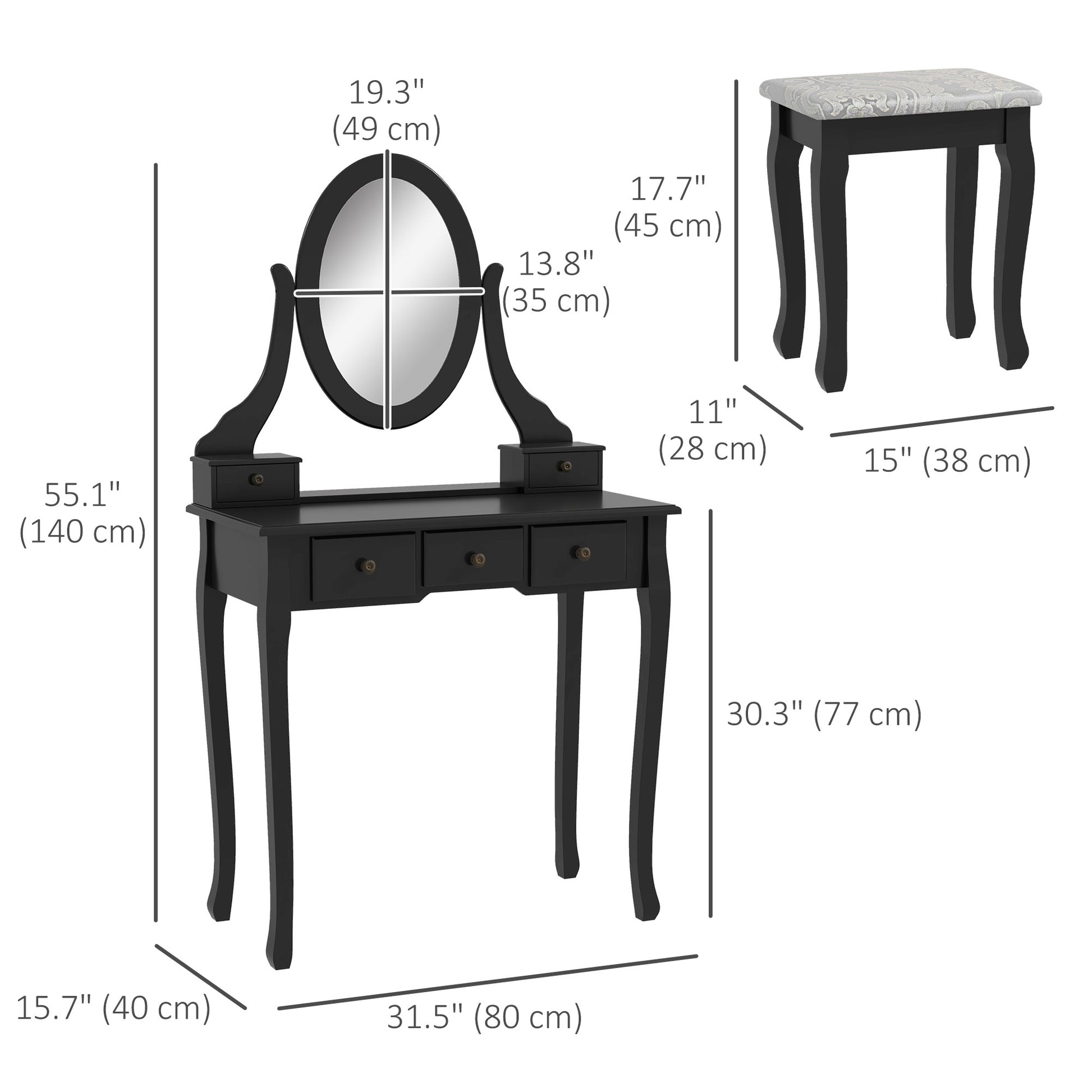 Vanity Desk with Stool, Makeup Vanity with 360° Rotating Oval Mirror, 5 Drawers and Padded Seat, Dressing Table for Bedr