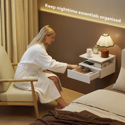 Floating Nightstand Set of 2, Wall Mounted Bedside Table with Drawer and Shelf, Small Night Stand for Bedroom, White