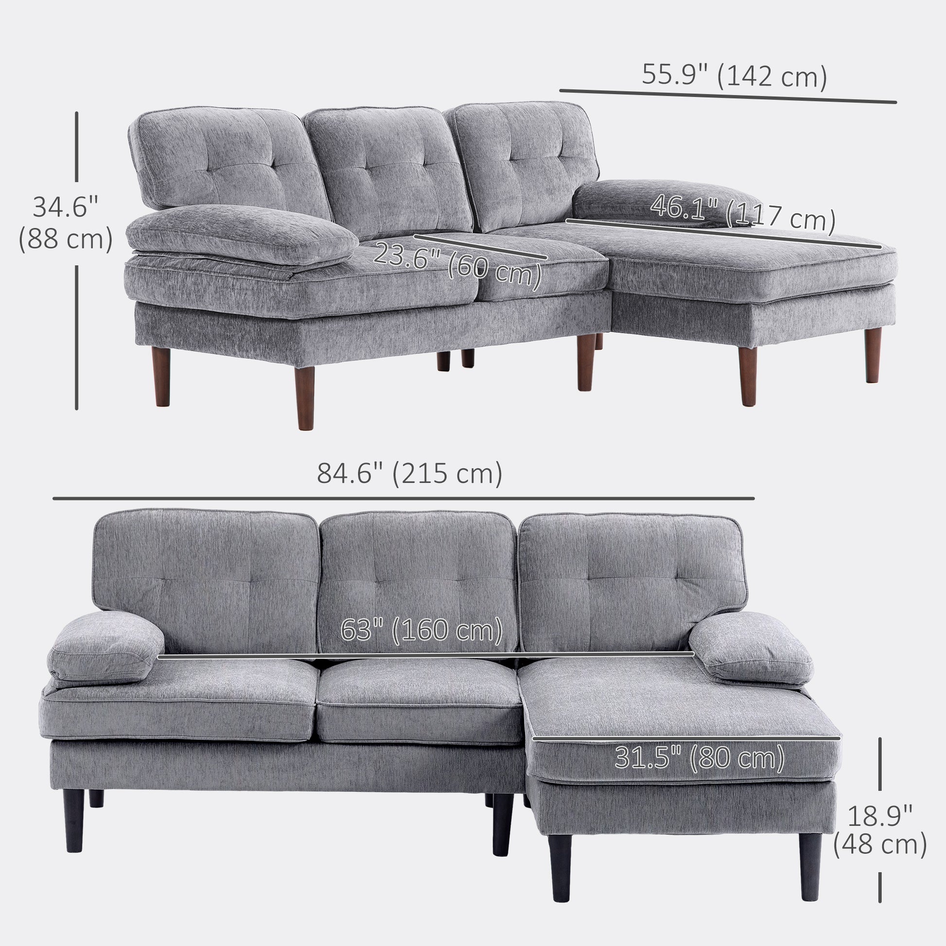 Modern Corner Couch with Right Chaise Lounge, Tufted 3-Seater Sofa with Wooden Legs for Living Room, Grey