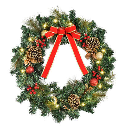 Christmas Wreath 24" Pre-Lit Artificial Greenery Xmas Spruce Wreath Cones Red Berries 20 LED Lights Battery Operated