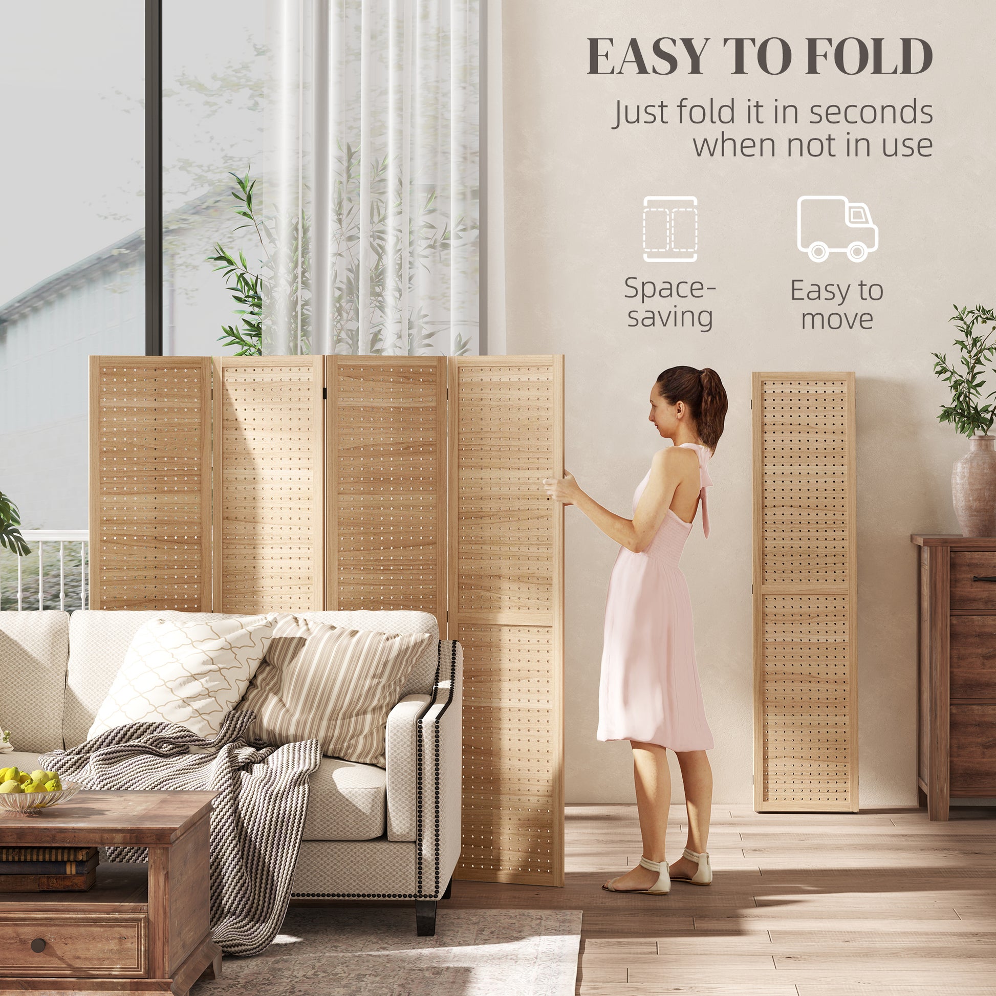 5.6 Ft. Tall 4-Panel Room Divider, Pegboard Panel Freestanding Folding Privacy Screen Panels, Partition Wall Divider for