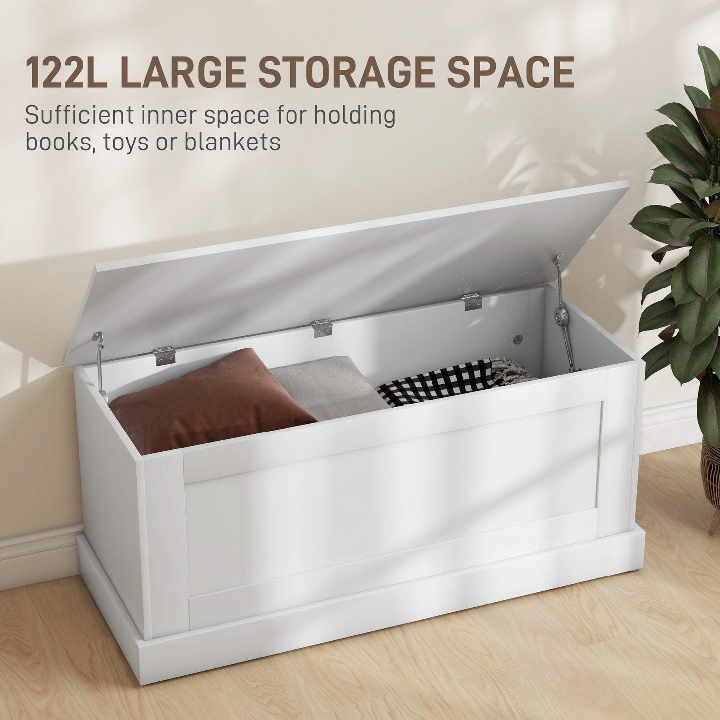 39.4 Inches Storage Chest, Storage Trunk with Safety Hinge, Wooden Box for Living Room, White Wood Grain
