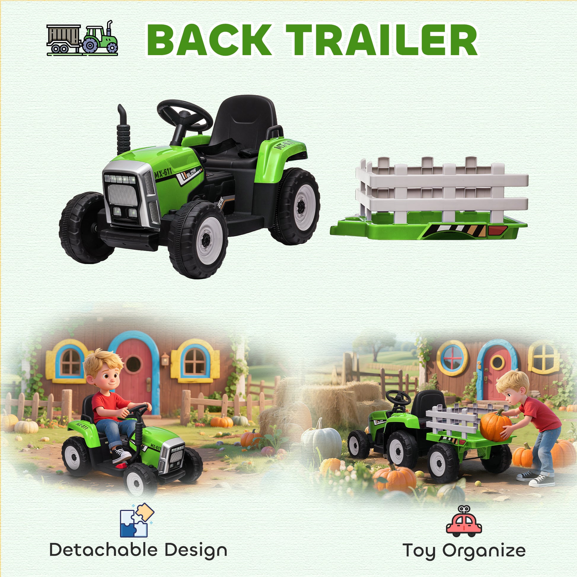 VarietyKart 12V Kids Ride on Tractor with Trailer, Battery Powered Electric Kids Car with Remote Control, Music Start up