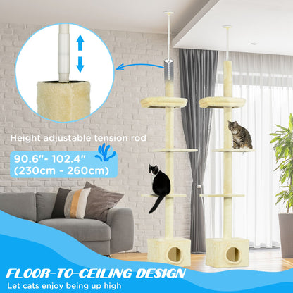 Floor to Ceiling Cat Tree with Scratching Post for Indoor Cats, Adjustable Height Cat Tower (91-102 Inches) with House, 