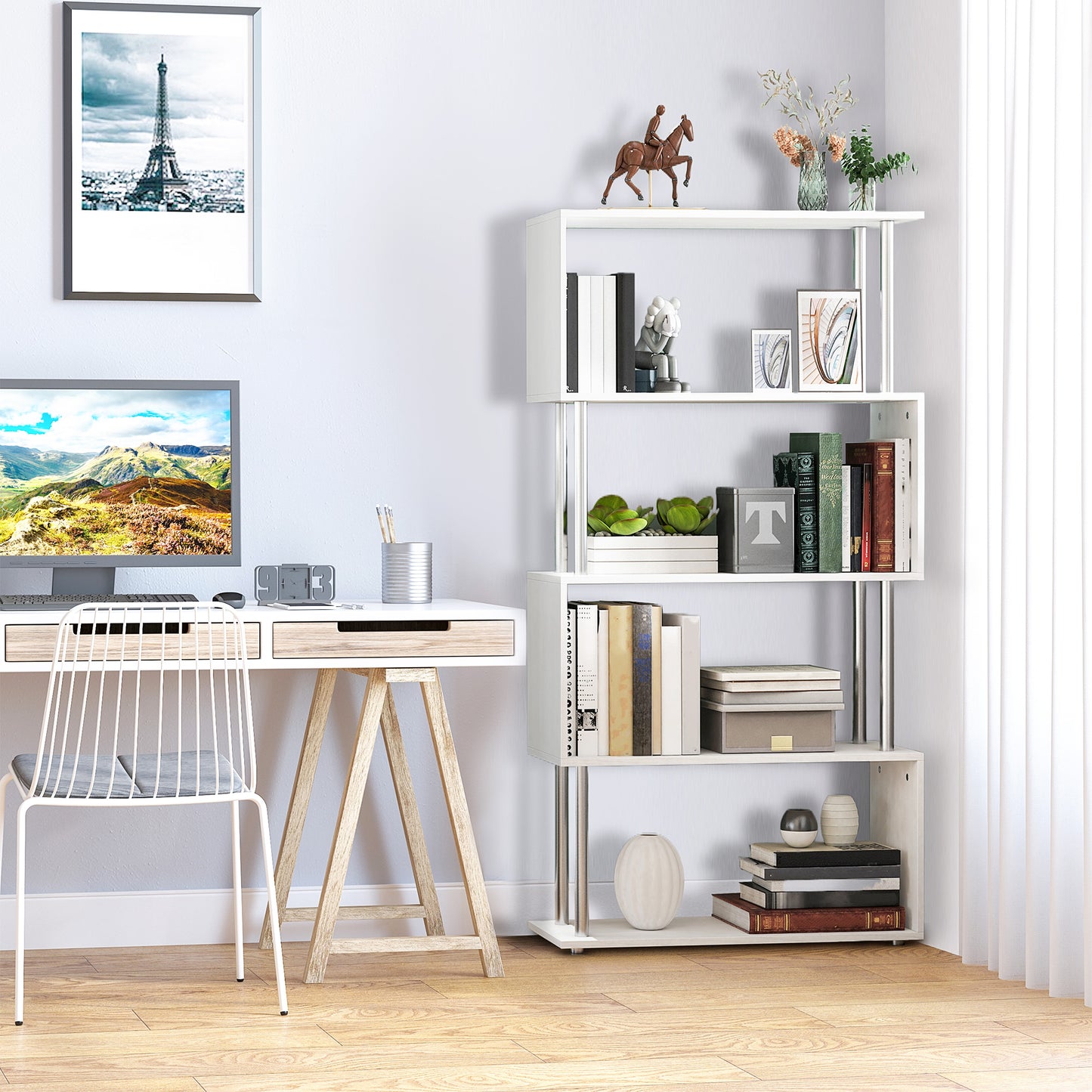 5-Tiers Geometric Wooden Bookcase S-Shaped Storage Bookshelf Display with Metal Frame for Living Room, Bedroom, Home Off