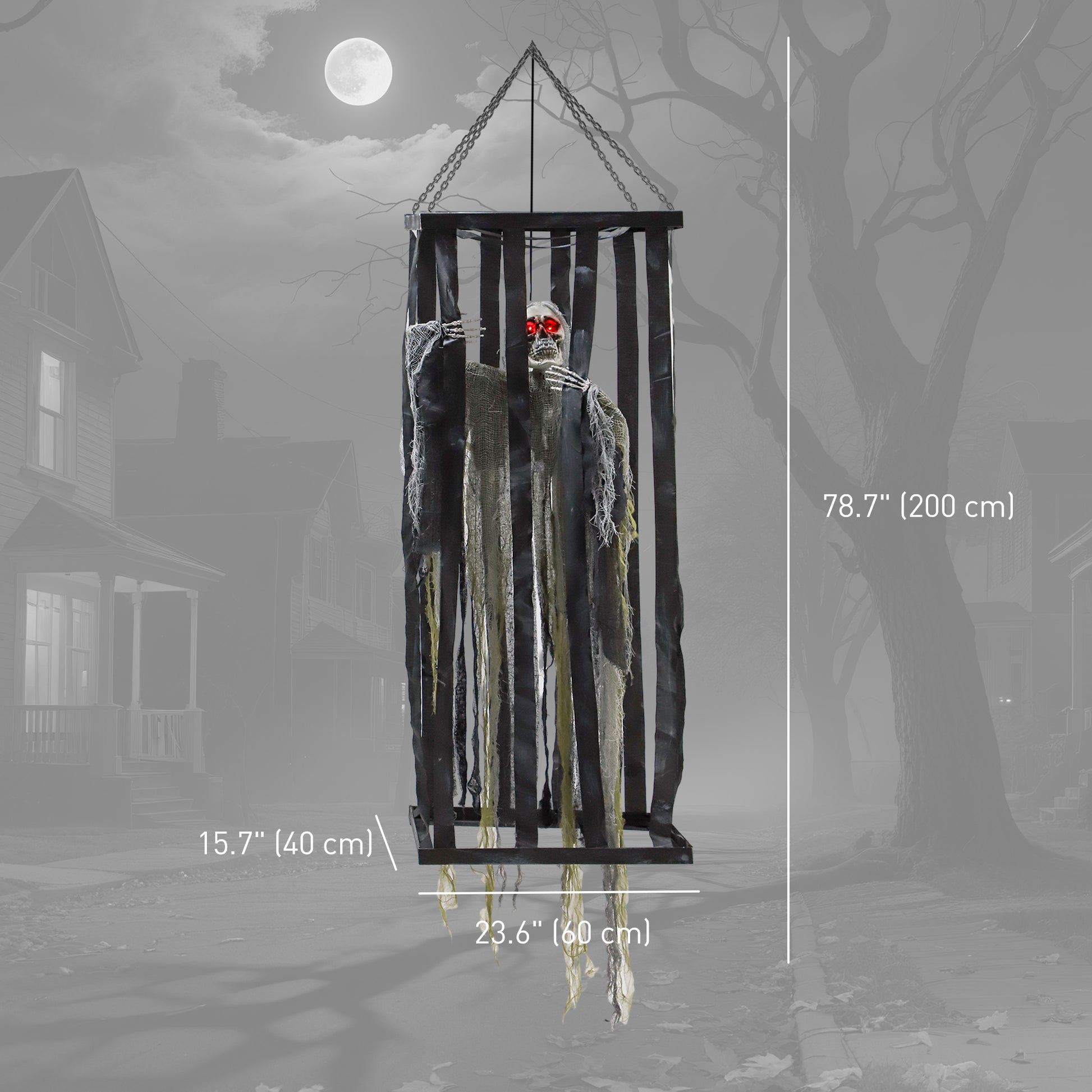 Animatronics Hanging Skeleton Reaper in Cage, Voice-Activated Prop with Flashing Eyes, Easy Setup Indoor