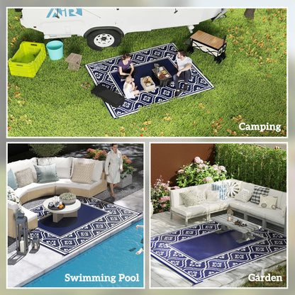 8' x 10' Outdoor RV Rug, Reversible Patio Floor Mat with Carry Bag, Gourd Border, Blue and White