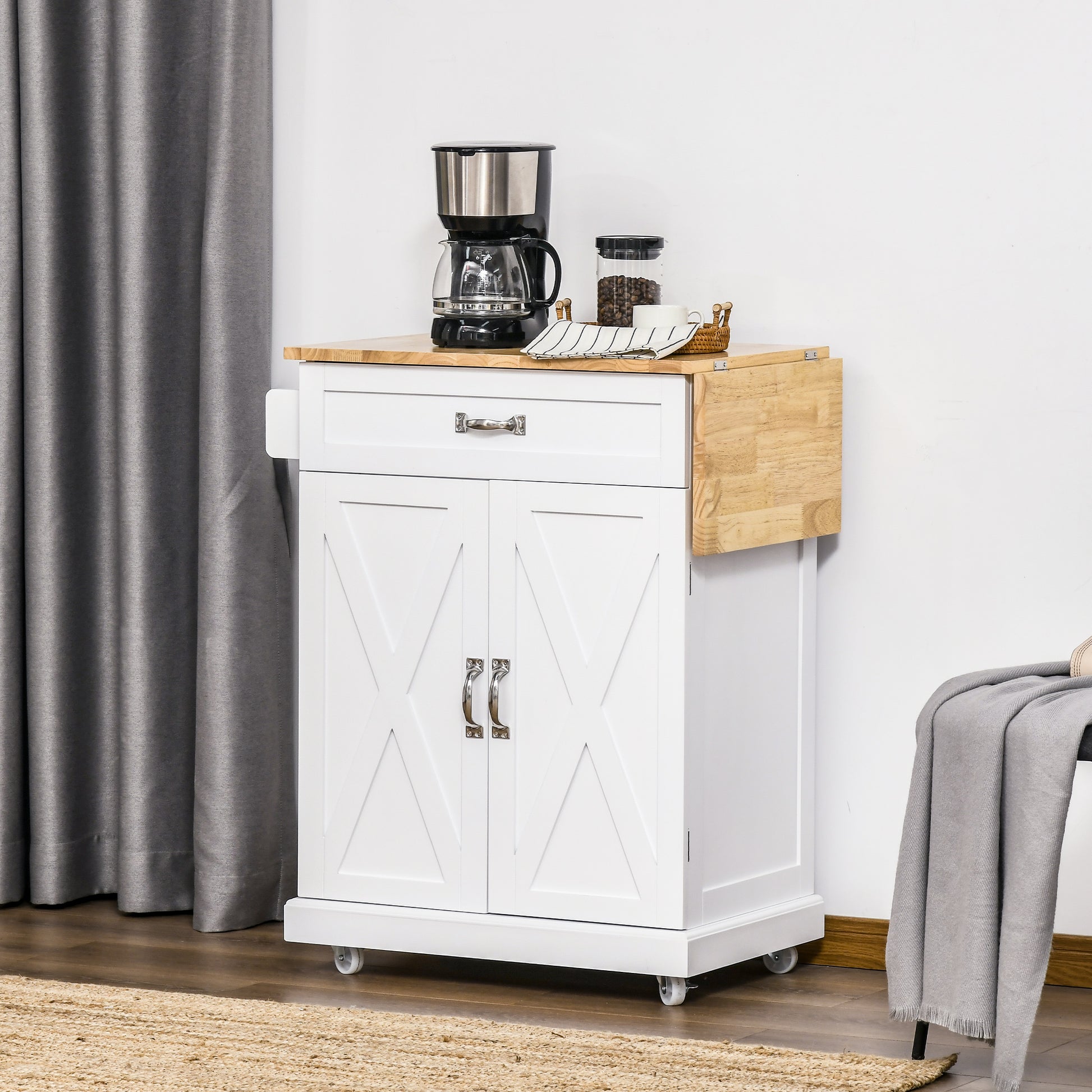 Foldable Kitchen Island with Storage Drawer, Farmhouse Style Rolling Utility Cart, Coffee Bar Cabinet on Wheels with Dro