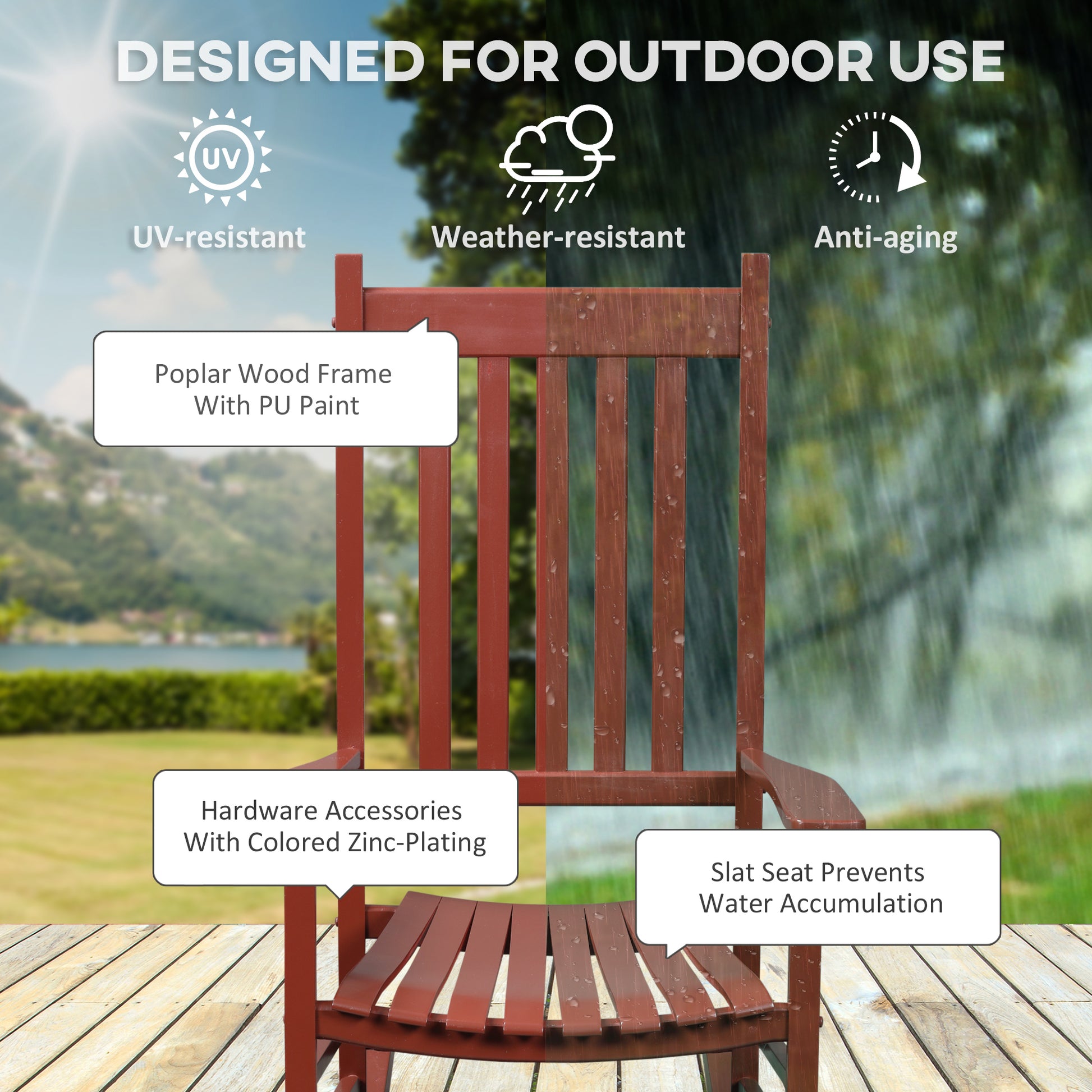 Wooden Porch Rocking Chair Outdoor Patio Rocker Garden Single Leisure Reclining Seat Armchair Wine Red