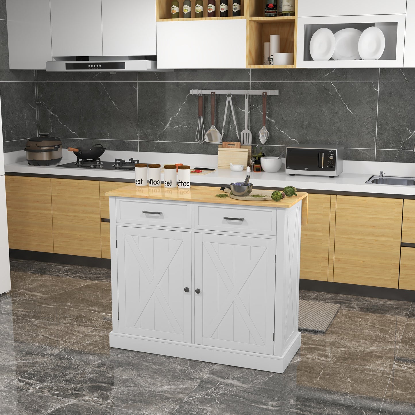 Rolling Kitchen Island with Drop Leaf Wood Breakfast Bar, Farmhouse Kitchen Cart with 2 Drawers, Adjustable Shelves for 