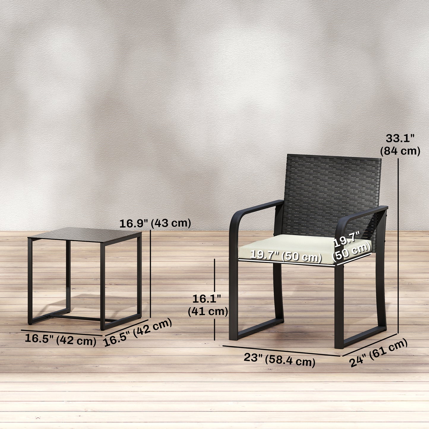 Outdoor Bistro Set, 3 Piece Wicker Patio Furniture with Mesh Seat, Glass Table, Cushions for Porch, Balcony, Cream White