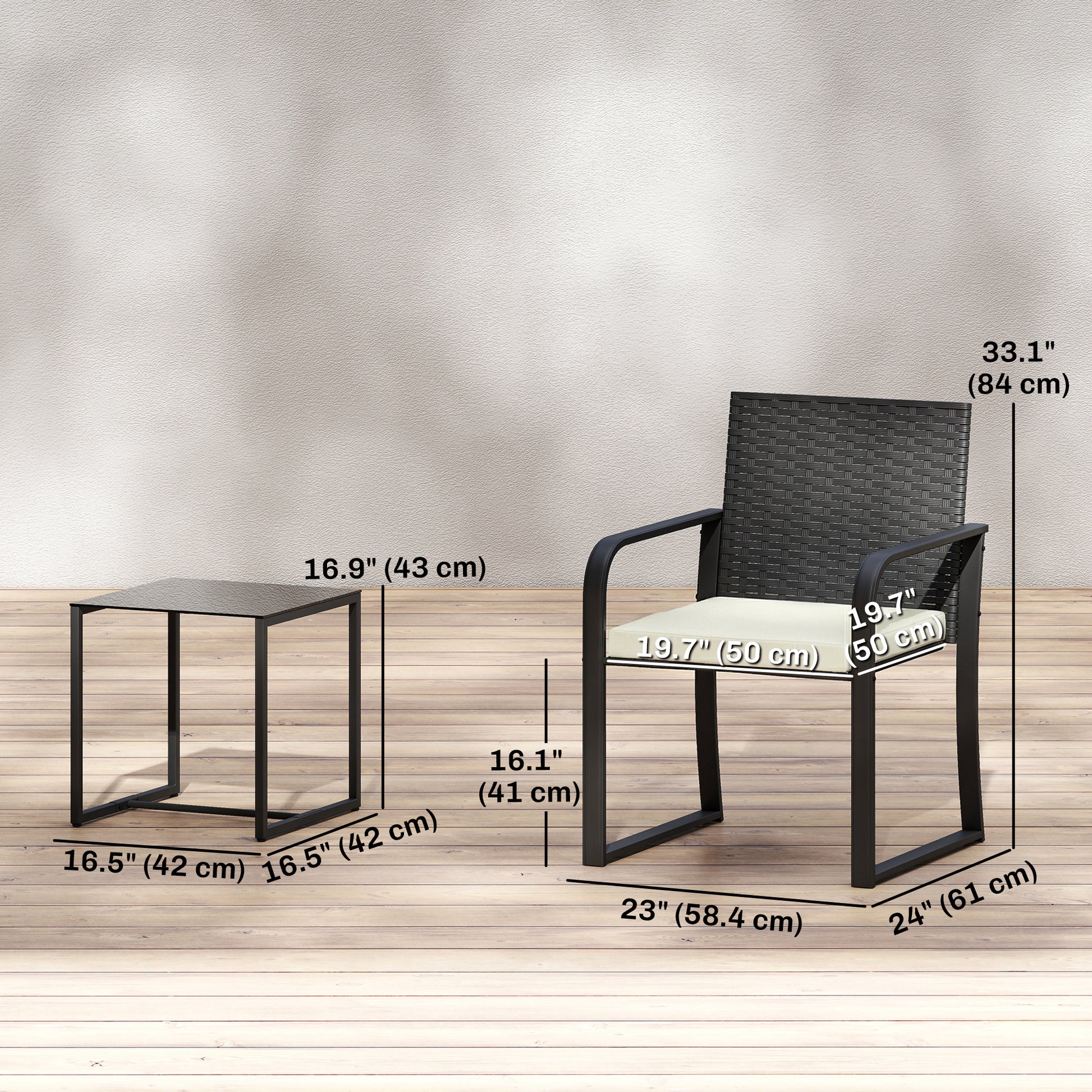 Outdoor Bistro Set, 3 Piece Wicker Patio Furniture with Mesh Seat, Glass Table, Cushions for Porch, Balcony, Cream White