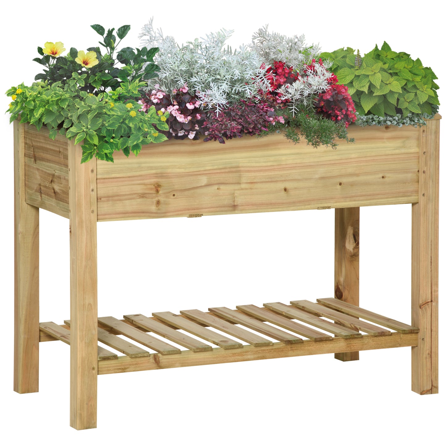 45" x 22" x 33" Raised Garden Bed with Legs and Storage Shelf, Wooden Elevated Planter Box with Drainage Holes for Backy