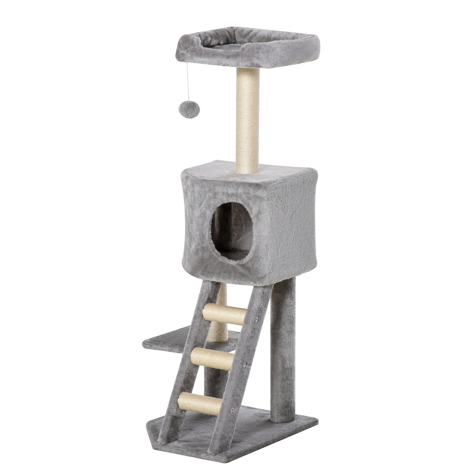 47" Tall Cat Tree Tower with Condo, Ladder, Scratching Posts and Hanging Ball, Light Grey