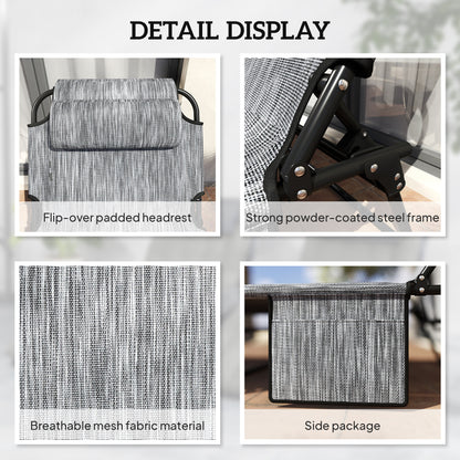 2-Piece Folding Lounge Chairs with Adjustable Backrest, Tanning Chair with Cushion, Side Pocket, Headrest, Grey