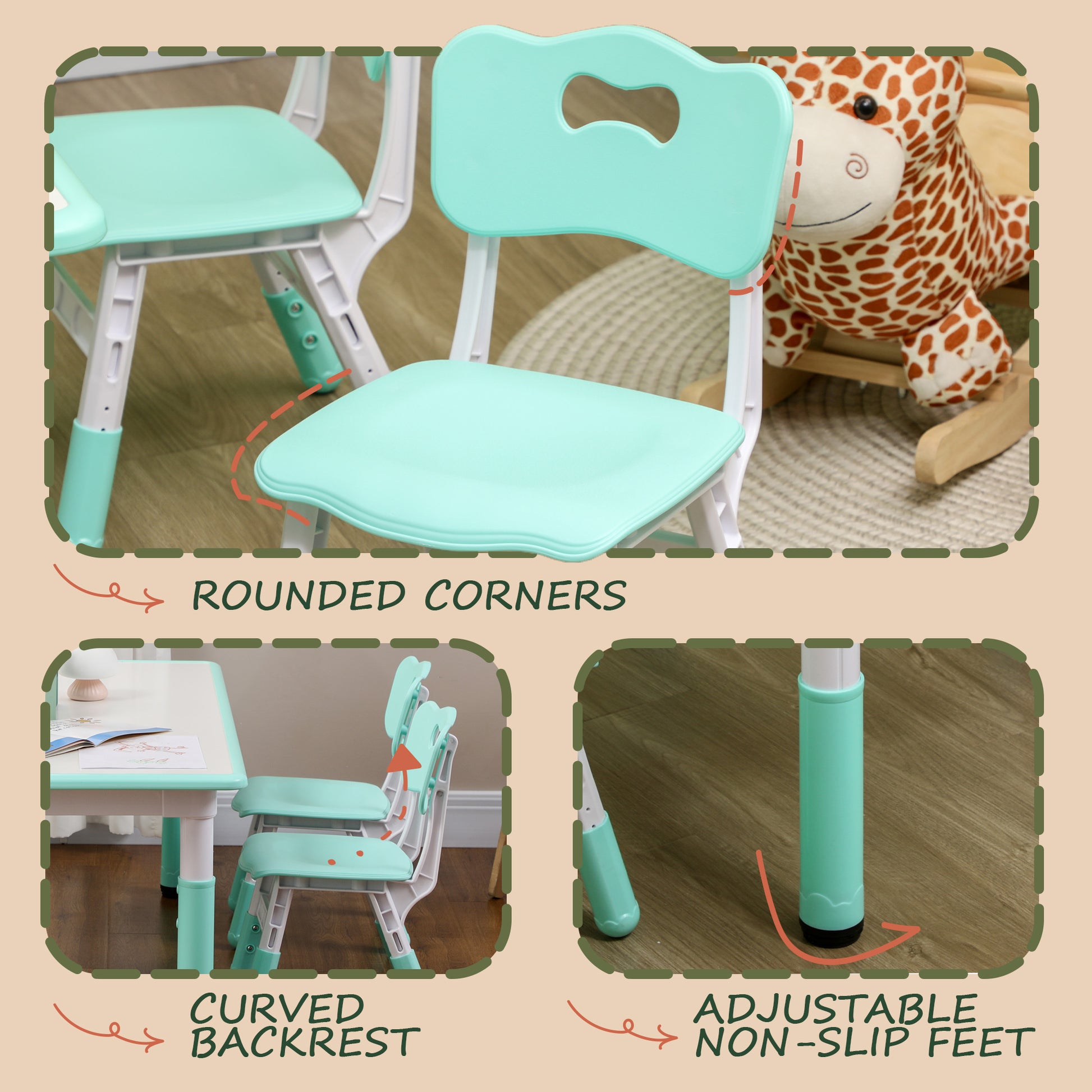 Qaba Kids Table and Chair Set with 4 Chairs, Adjustable Height, Easy to Clean, for 1.5 - 8 Years Old, Green