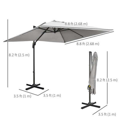 9ft Cantilever Patio Umbrella, Square Overhanging Umbrella with Cross Base, Crank Handle, Tilt Light Grey