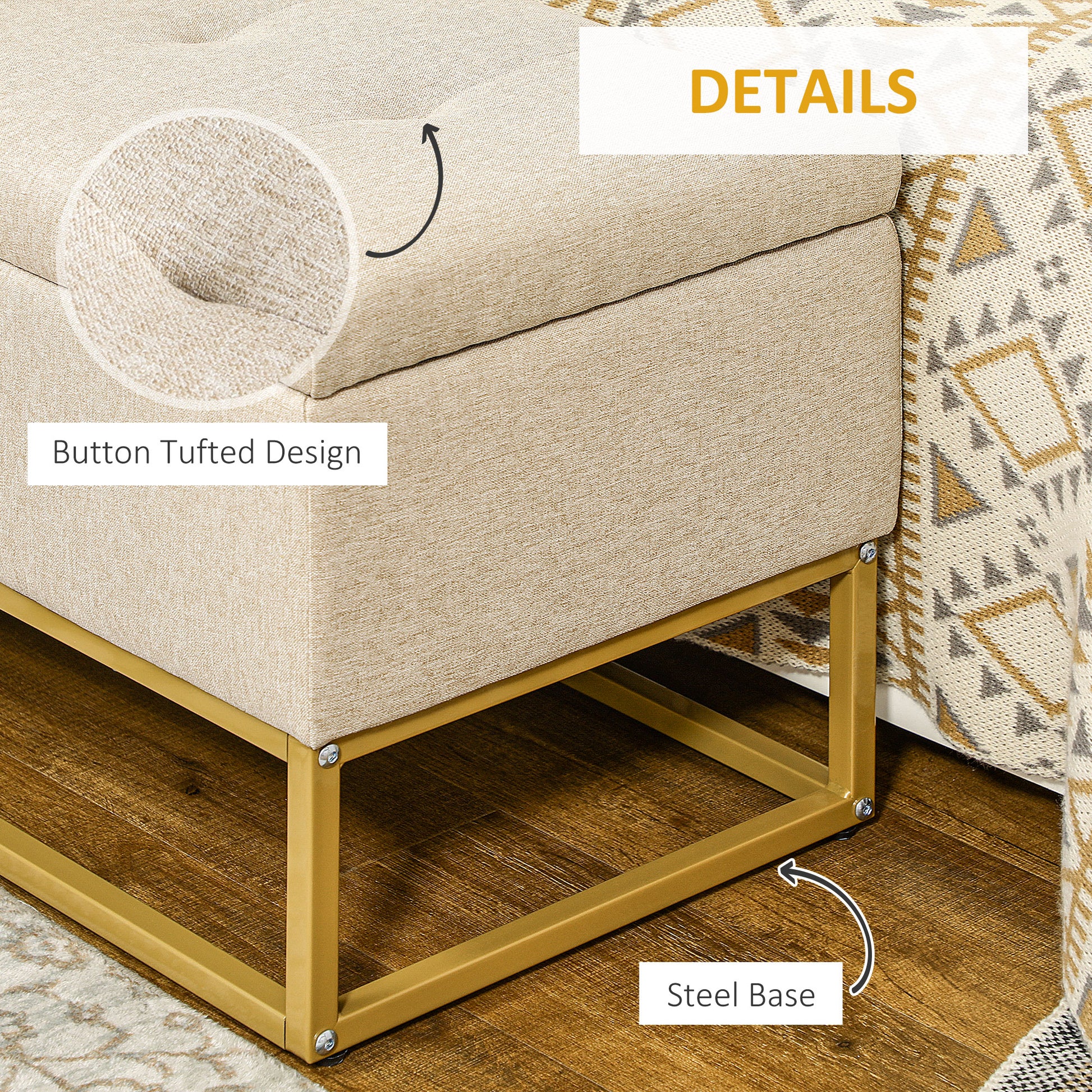 Storage Ottoman with Flip Top, Upholstered Storage Bench, Linen Fabric Footstool with Steel Legs for Living Room, Bedroo