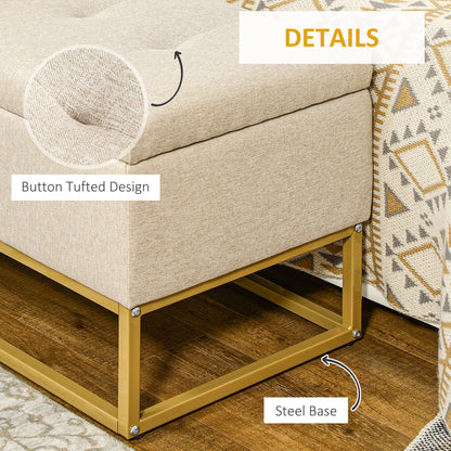 Storage Ottoman with Flip Top, Upholstered Storage Bench, Linen Fabric Footstool with Steel Legs for Living Room, Bedroo