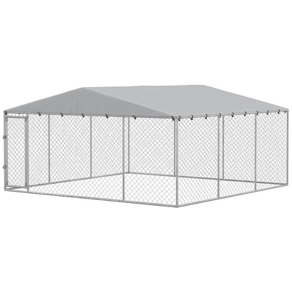 13.1' x 13.1' x 6.6' Outdoor Dog Kennel Heavy Duty Galvanized Steel Chain Link with UV-resistant Roof, Silver