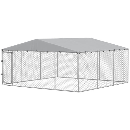 13.1' x 13.1' x 6.6' Outdoor Dog Kennel Heavy Duty Galvanized Steel Chain Link with UV-resistant Roof, Silver