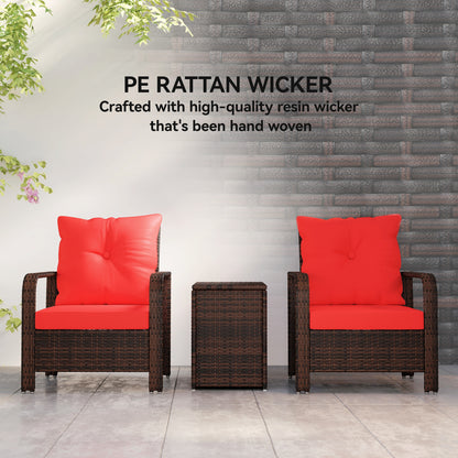 3 Pieces Wicker Patio Furniture Set, Rattan Bistro Set with Storage Coffee Table and Thickened Cushions, Outdoor Convers