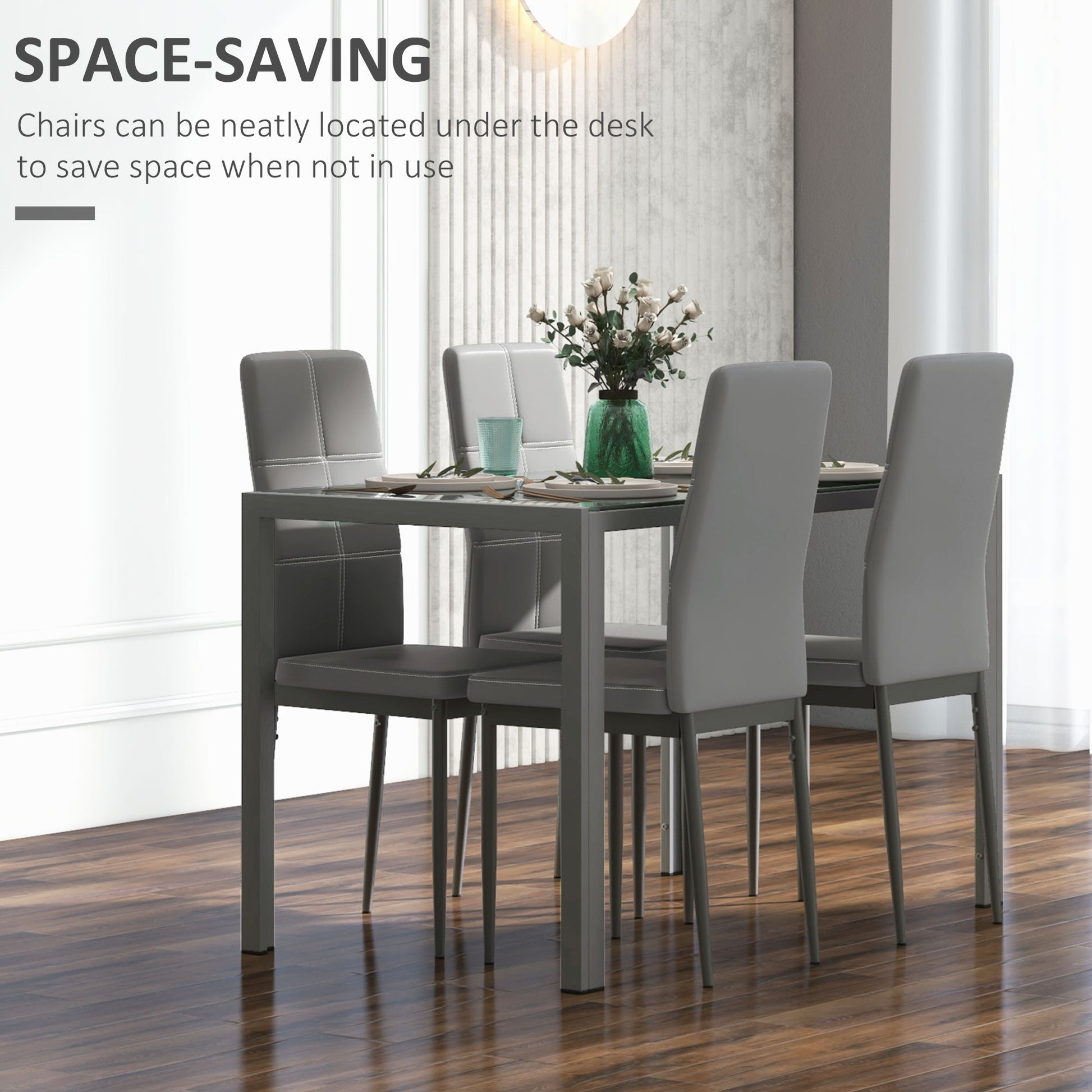 5-Piece Rectangular Glass Kitchen Table and Chairs with Metal Frame and Faux Leather Upholstery for Dining Room, Grey