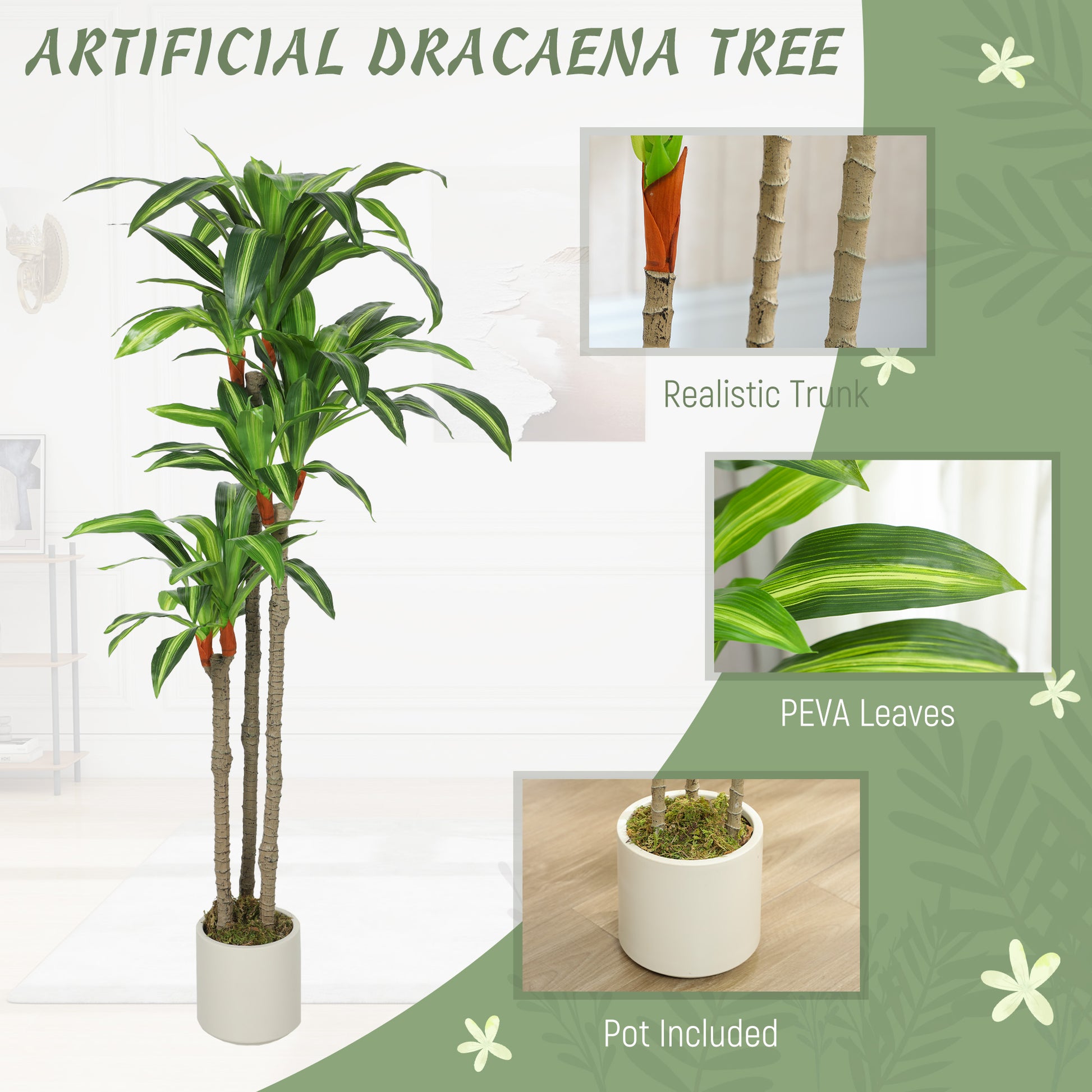 5FT Dracaena Fake Plant, Artificial Plant with Bendable Trunks for Home Office Decor, Green