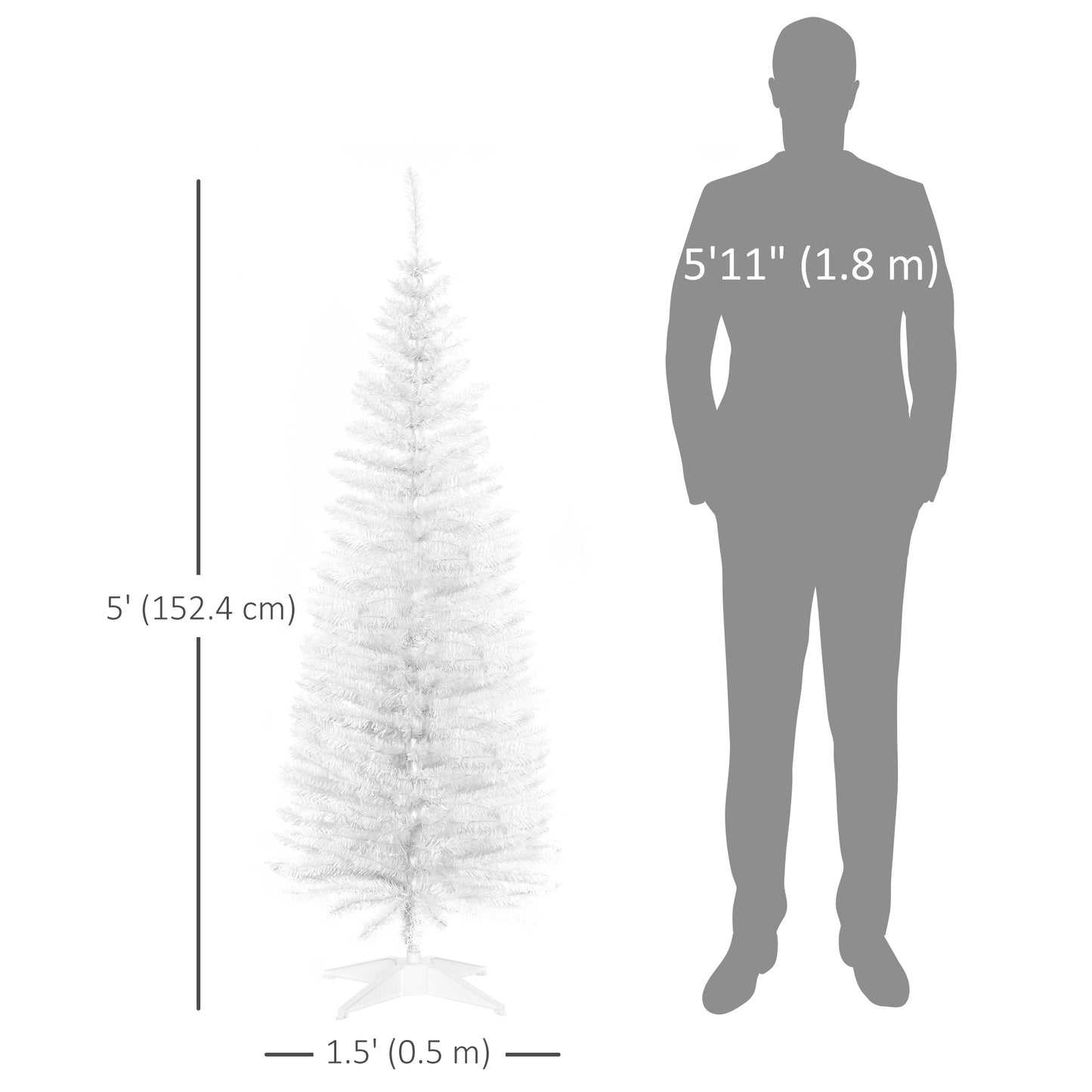 5FT Artificial Christmas Tree, Pencil Christmas Tree with Realistic Branches, Stable Stand, White