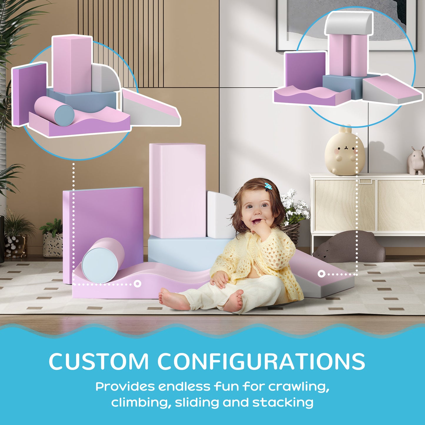 Soozier 7 Pieces Soft Play Foam Climbing Blocks, Indoor Modular Kids Play Toys for Climbing, Crawling, Sliding, Light Co