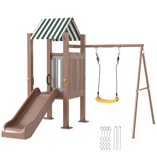 Qaba 4-in-1 Kids Swing Set for Playground with Slide, Covered Fort, Climbing Ladder, Ground Stakes, for Kids Ages 3-8, B