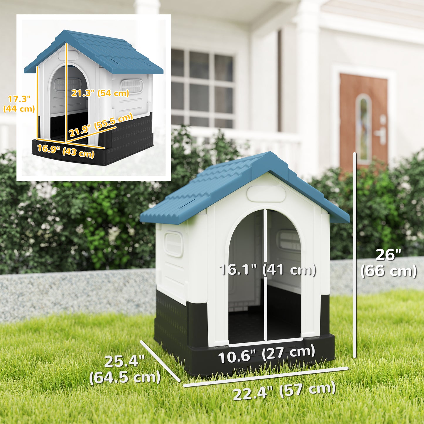 Outside Dog Kennel House with Windows, Base Support, for Garden Patio, Miniature Dogs, 64.5 x 57 x 66cm, Blue