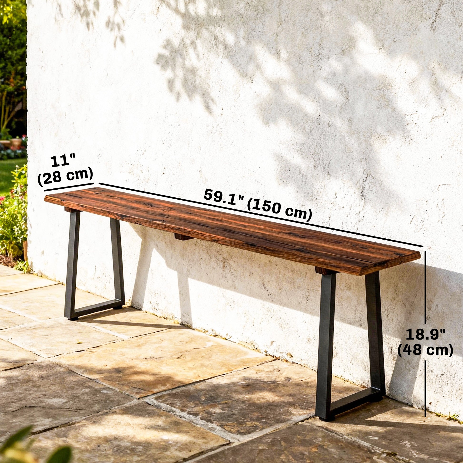 Wood Outdoor Bench for 2 People, 59" Backless Patio Garden Bench with Trapezoidal Steel Legs