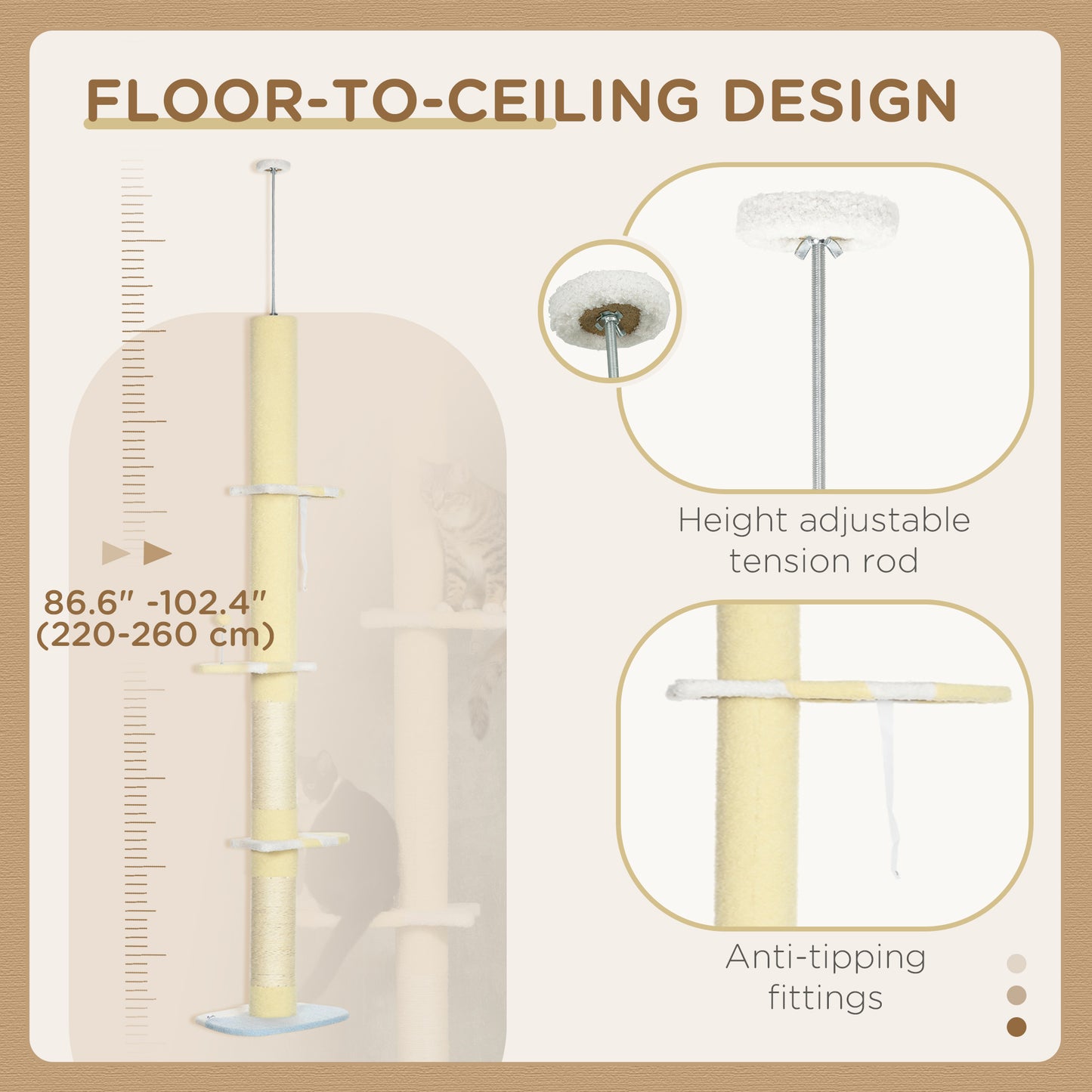 87"-102" Floor to Ceiling Cat Tree w/ Sisal Scratching Posts, Anti-tip Kit, Perches, Toy Ball, Yellow
