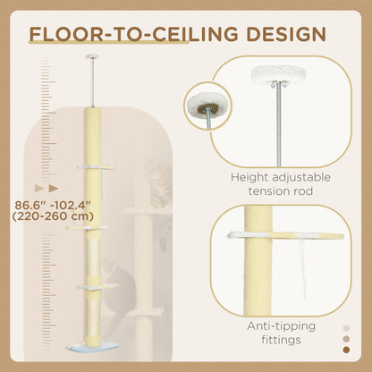87"-102" Floor to Ceiling Cat Tree w/ Sisal Scratching Posts, Anti-tip Kit, Perches, Toy Ball, Yellow