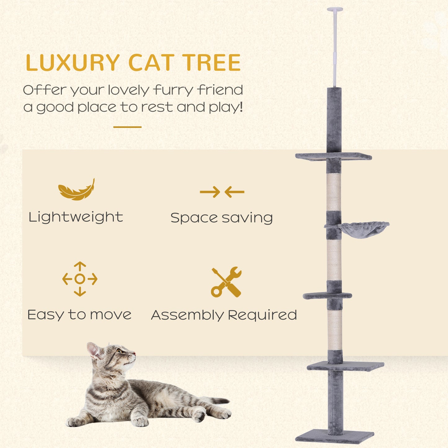 8.5ft Cat Climbing Tree 5-Tier Cat Activity Center Floor-to-Ceiling Cat Climber Toy with Scratching Post Play Rest Post 