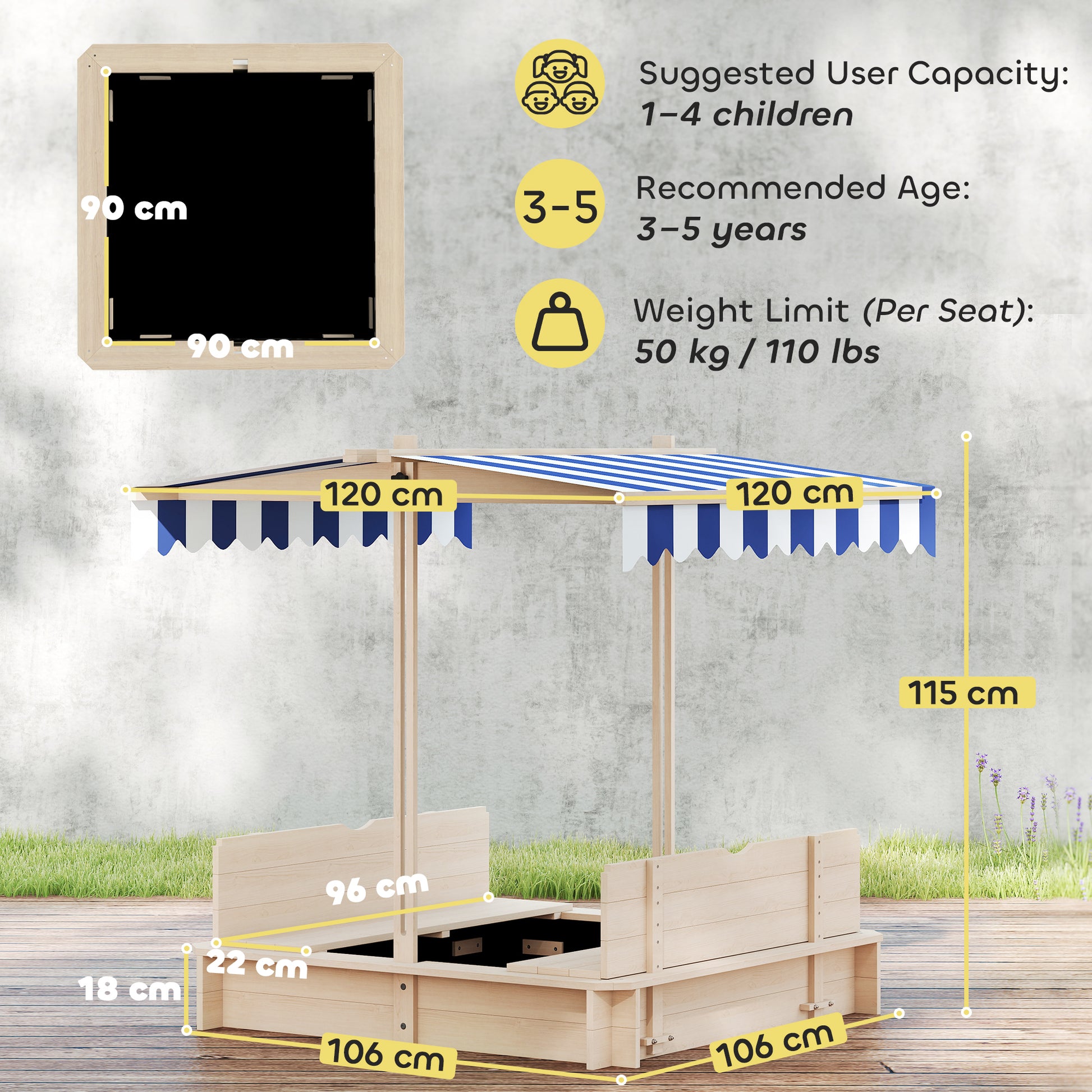 Kids Wooden Sandbox Outdoor Backyard Playset Children Play Station w/ Adjustable Canopy & Convertible Bench Sand for 3-7