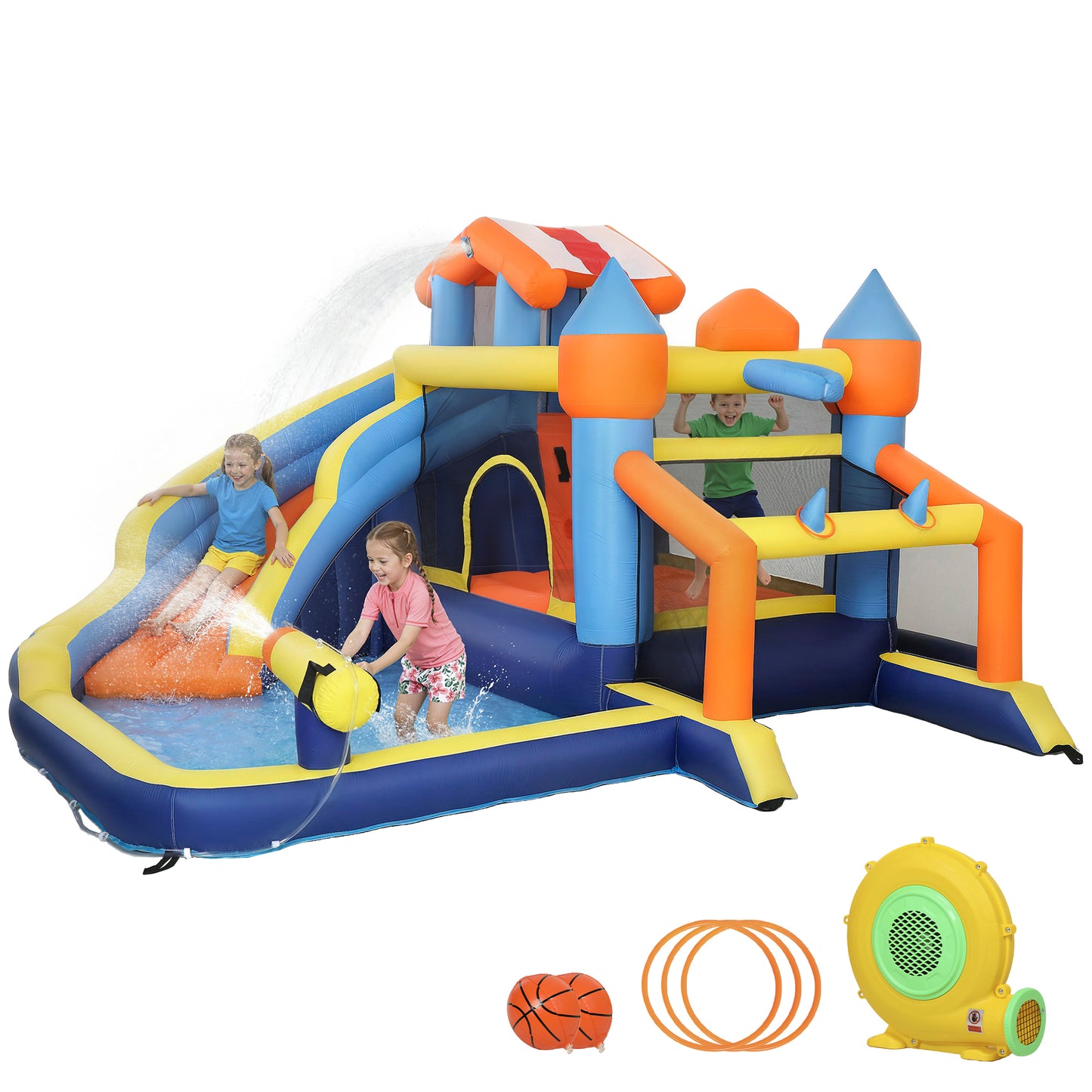 Qaba Bouncy Castle for Kids, Inflatable Bounce House with Slide, Pool (Ball Pit), Climbing Wall and Blower for Indoor Ou