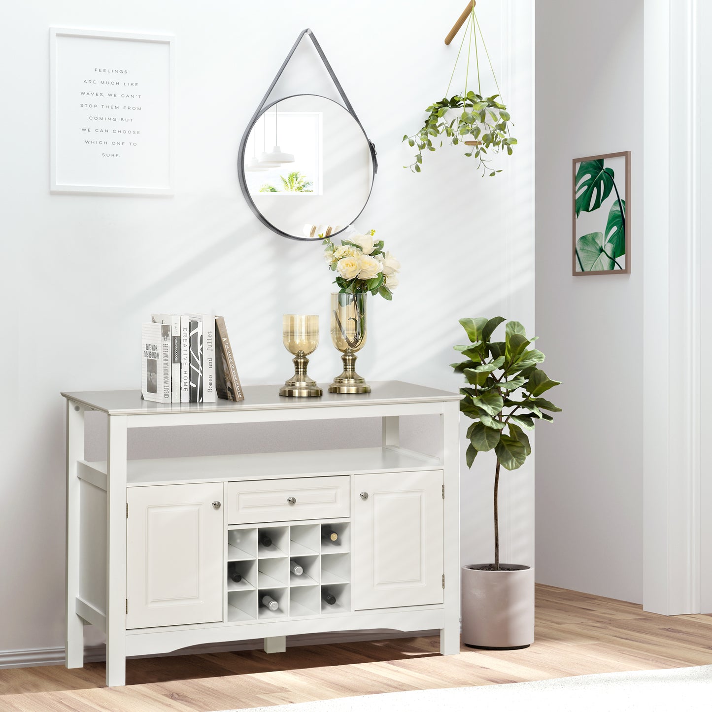 Modern Kitchen Buffet Bar Cabinet Storage Sideboard Dining Server with Drawer & 12-Bottle Wine Rack for Living Room, Whi