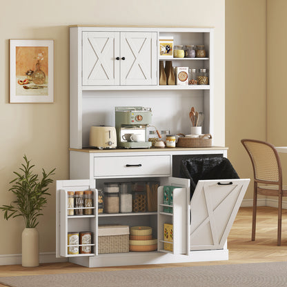 69" Pantry Cabinet with Charging Station, Kitchen Cabinet with Microwave Stand, Tilt-Out Trash Can Cabinet, White