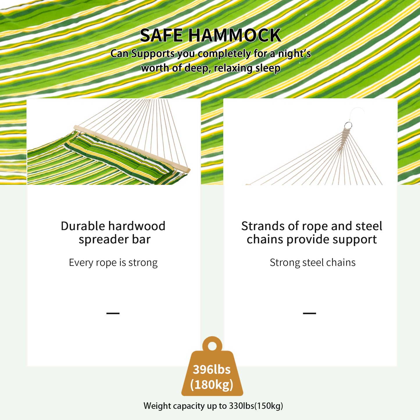 75" Patio Outdoor Hammock, Striped Camping Hammock Lounge Bed Garden w/ Pillow, Green