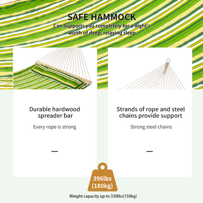 75" Patio Outdoor Hammock, Striped Camping Hammock Lounge Bed Garden w/ Pillow, Green