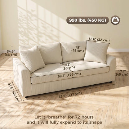 3 Seater Sofa, 83.5" Modern Upholstered Couch with Pocket Spring and 2 Scatter Cushions for Living Room, Cream White